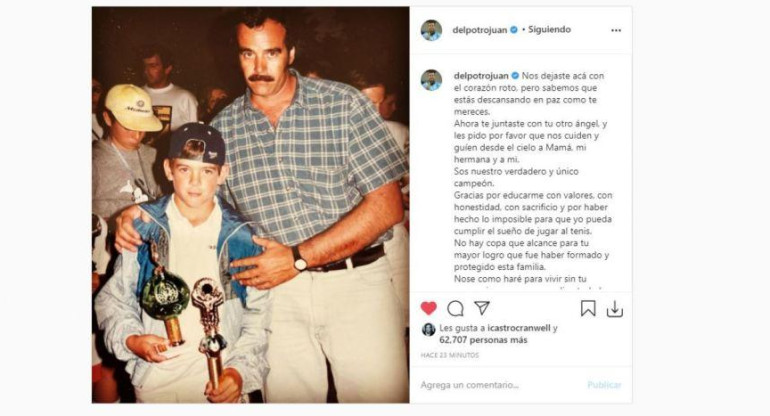 Mensaje de Del Potro a su padre tras su deceso, Foto Instagram
