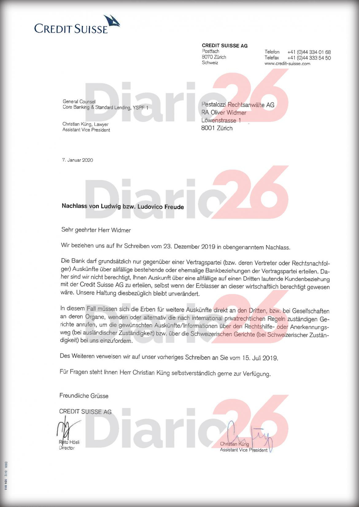 Ruta del dinero nazi, Credit Suisse, Schweitzerische Kreditanstalt, lavado de dinero entre Argentina y Suiza, carta del Credit Suisse, Diario 26, Marcelo García