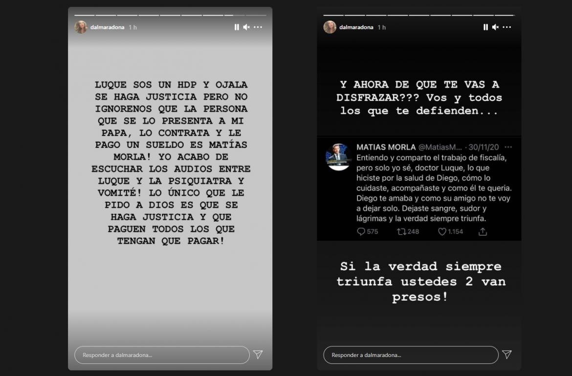 Dalma Maradona contra Leopoldo Luque y Matías Morla, Instagram	