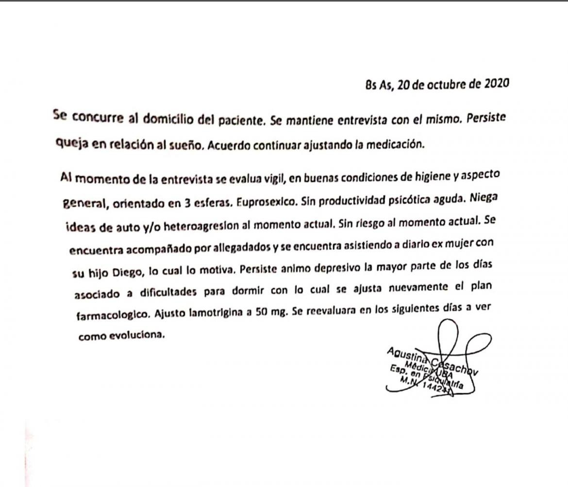 Certificado firmado por Agustin Cosachov sobre Maradona