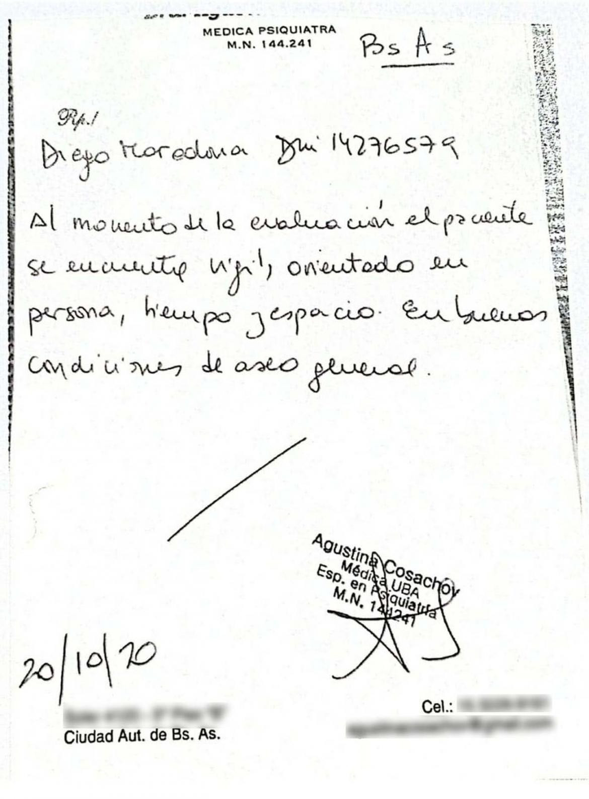 Certificado firmado por Agustin Cosachov sobre Maradona