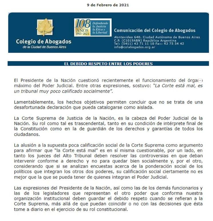 Comunicado del Colegio de Abogados por críticas a la Corte