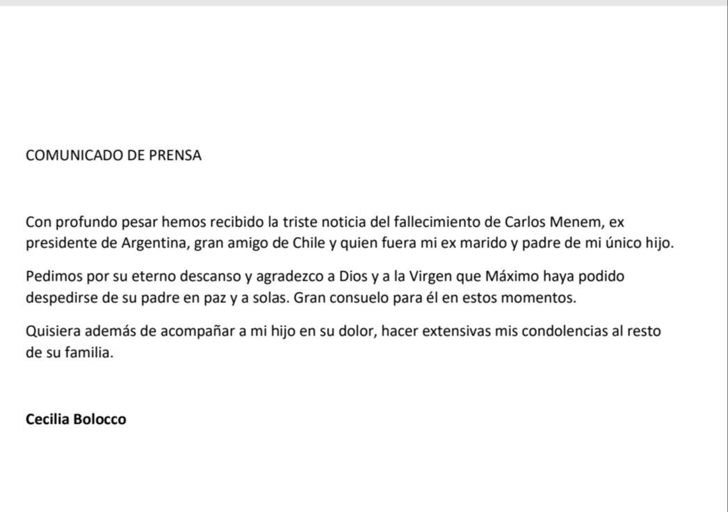 Comunicado Cecilia Bolocco por fallecimiento Carlos Menem