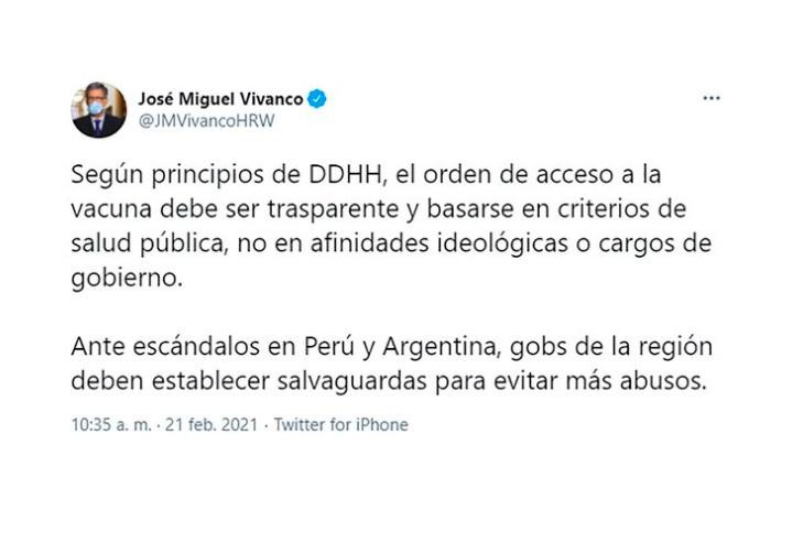 Condena de Human Rights Watch a Argentina por Vacunación VIP, mensaje en Twitter