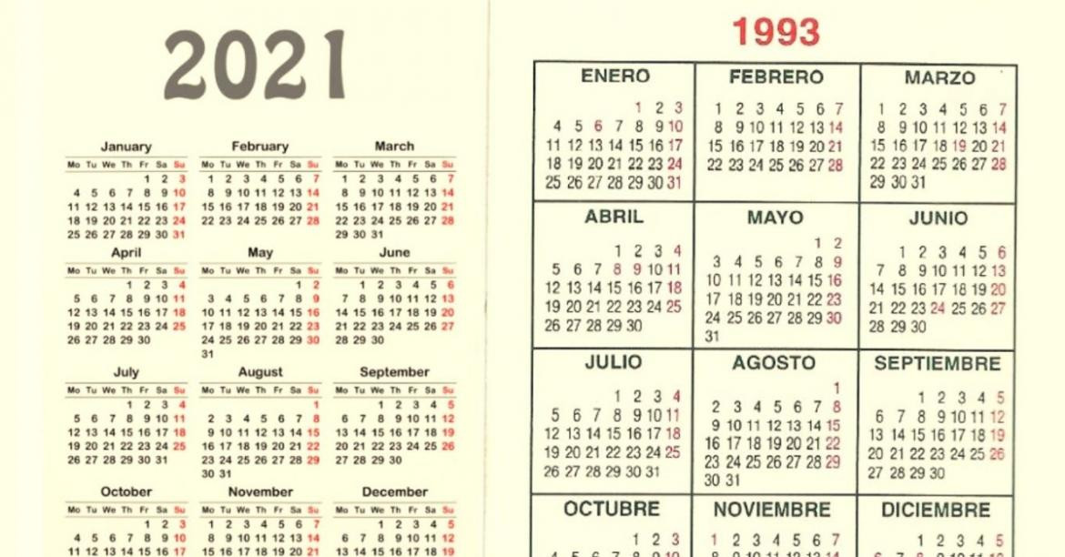 ¿Lo sabías? El calendario de 2021 es exactamente igual al de 1993