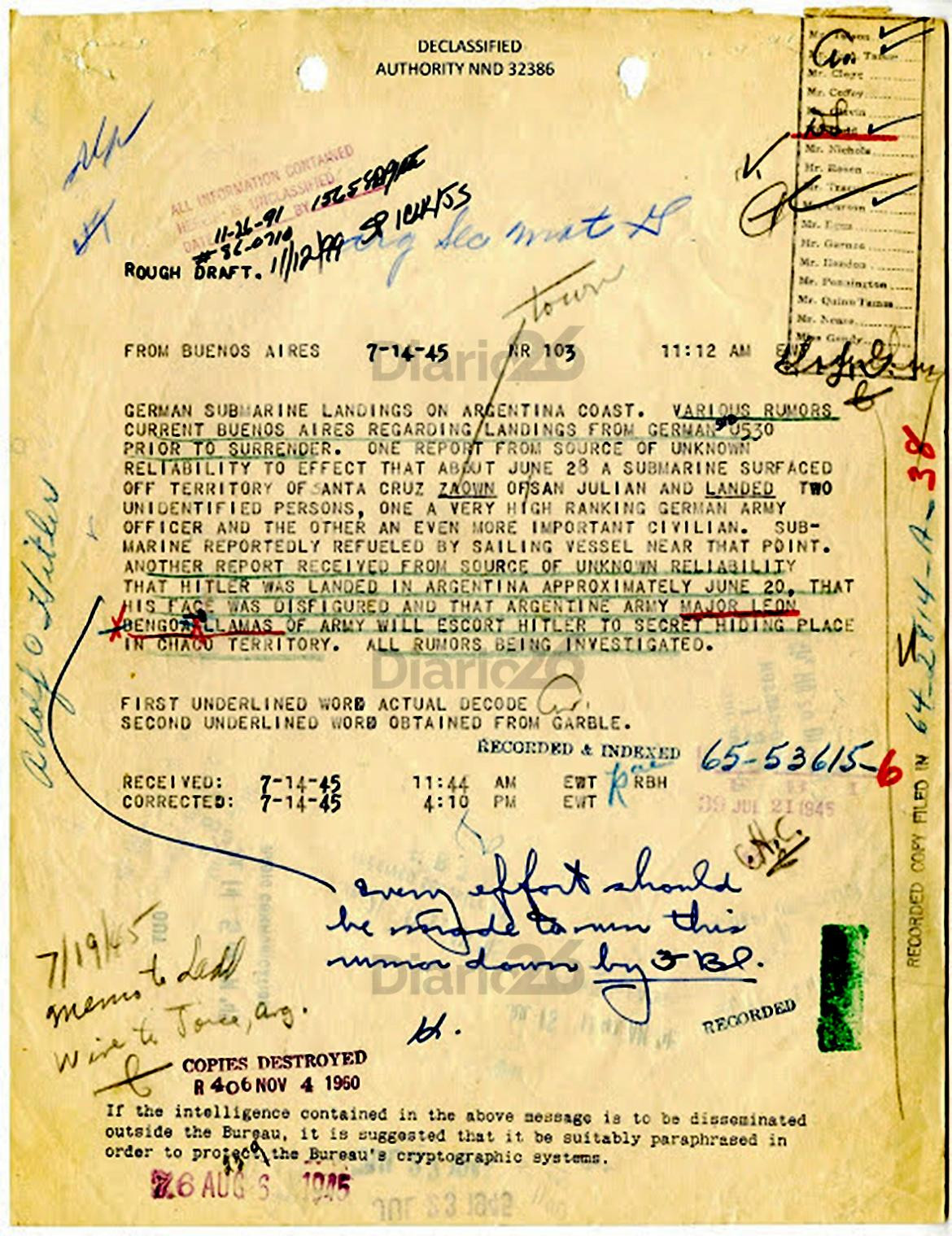 Documento del FBI, Adolf Hitler en Argentina, 14 de julio de 1945, nazis en Argentina, Adolf Hitler y Eva Braun, Diario 26	