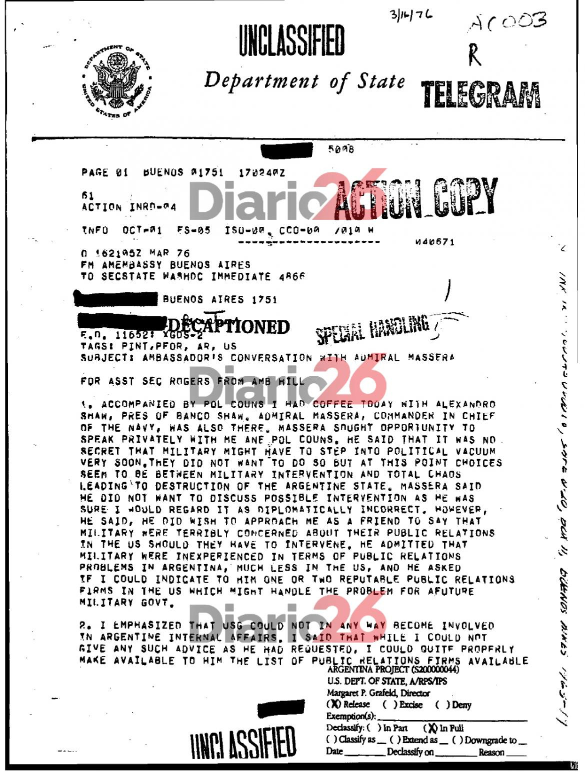 24 de marzo de 1976, golpe militar, dictadura militar en Argentina, documentos de Estados Unidos, Massera