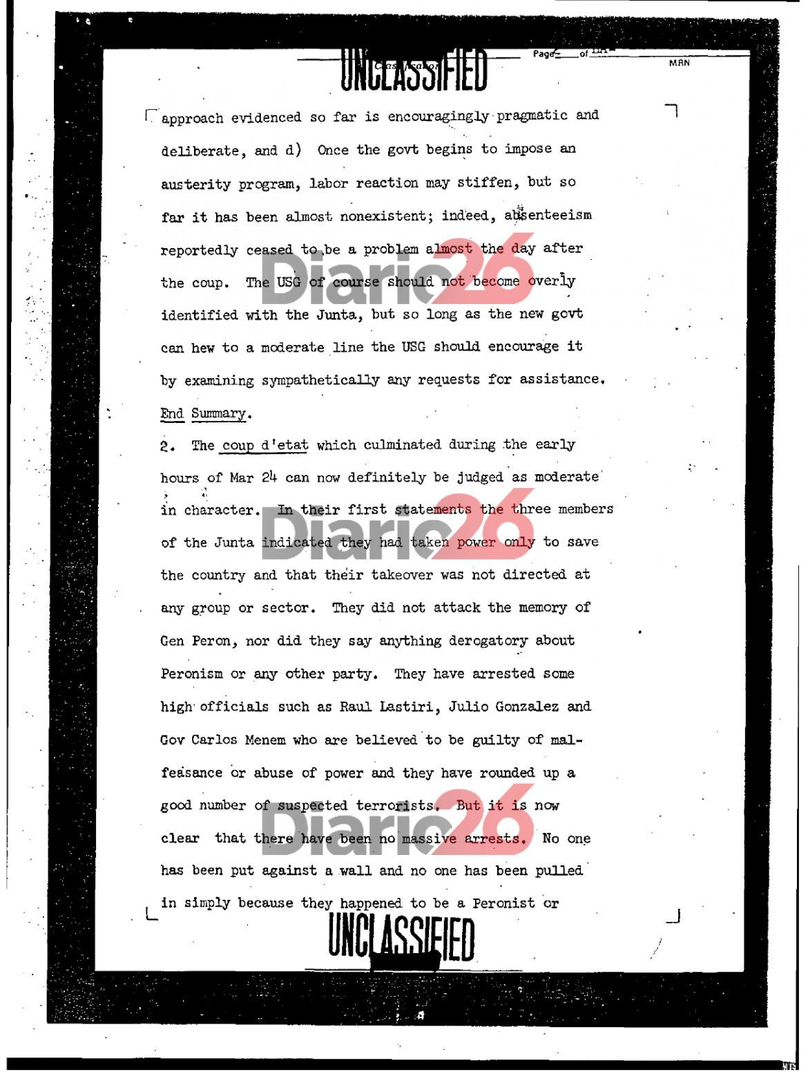 24 de marzo de 1976, golpe militar, dictadura militar en Argentina, documentos de Estados Unidos, Videla