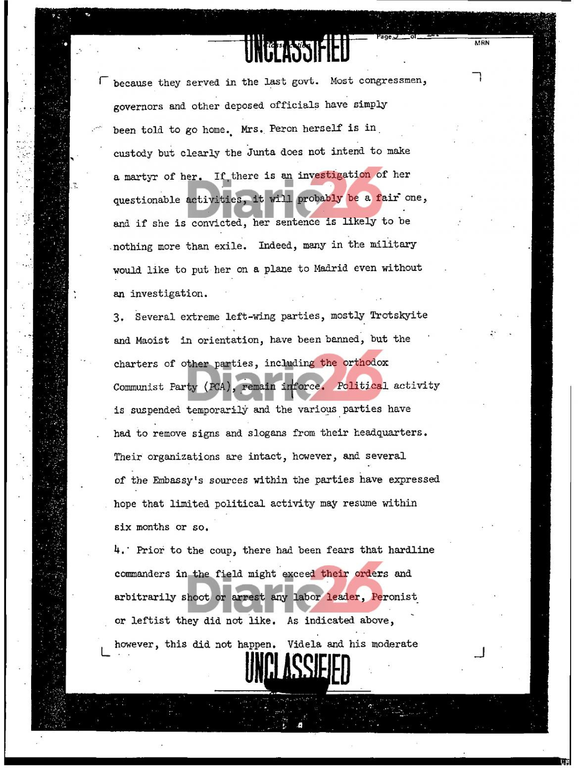 24 de marzo de 1976, golpe militar, dictadura militar en Argentina, documentos de Estados Unidos, Videla