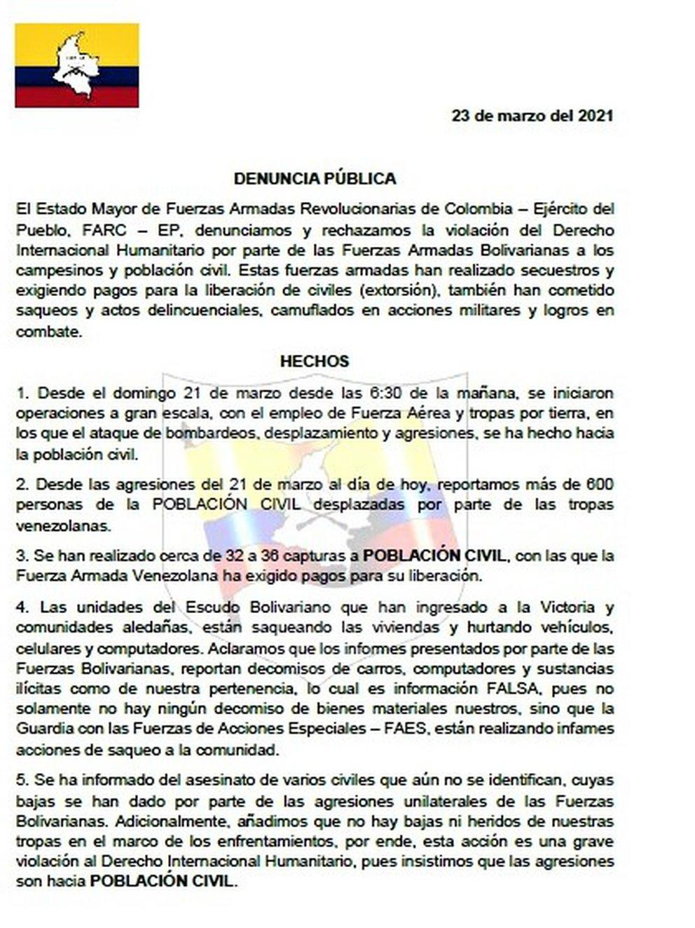 Comunicado de las FARC, enfrentamiento entre Colombia y Venezuela