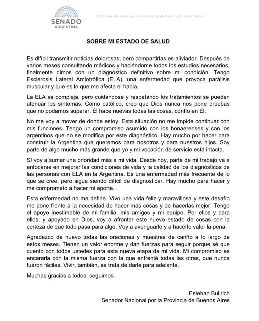 Carta de Esteban Bullrich por su enfermedad, ELA