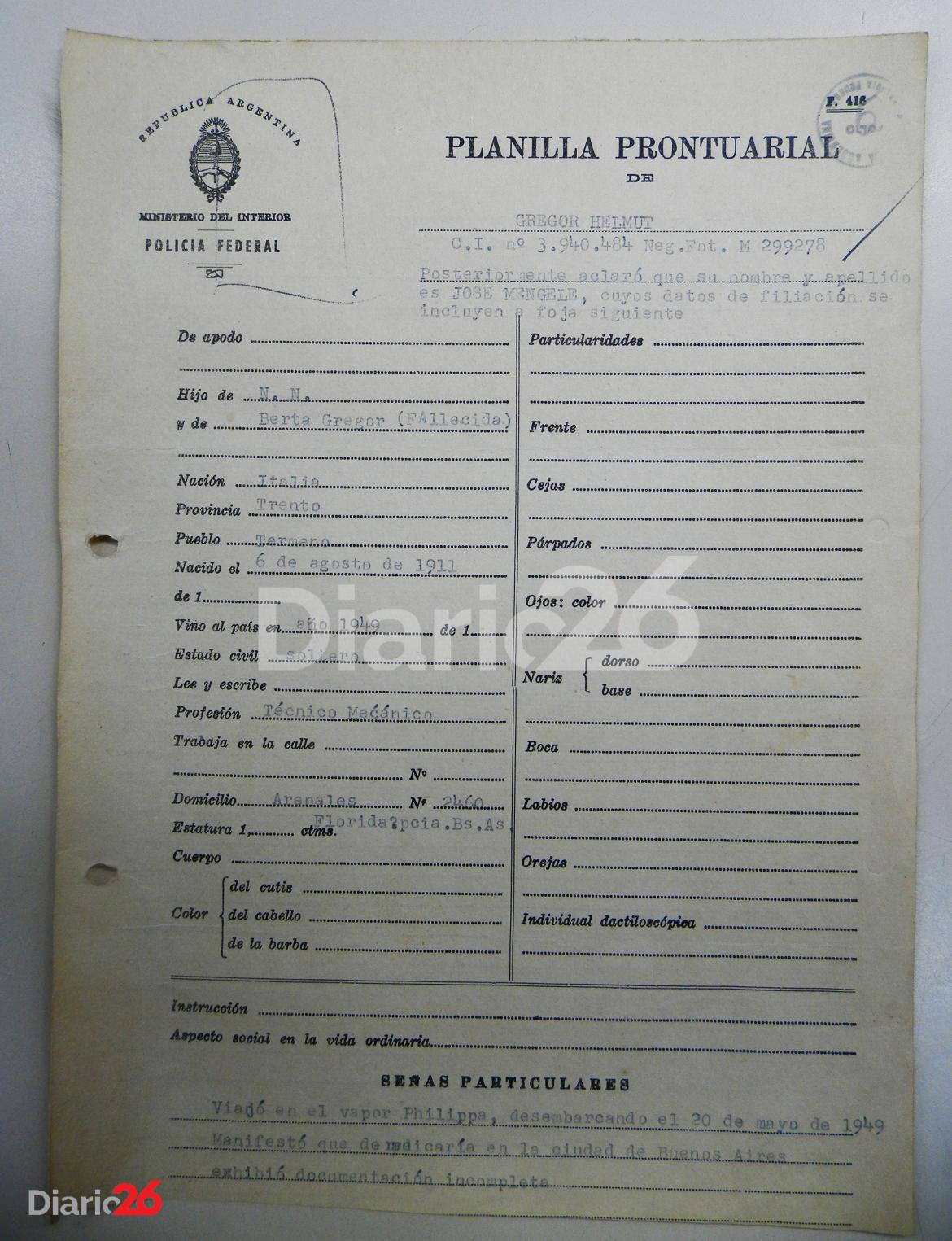 Planilla prontuarial de Helmut Gregor por recuperación de identidad como Josef Mengele. Año 1956