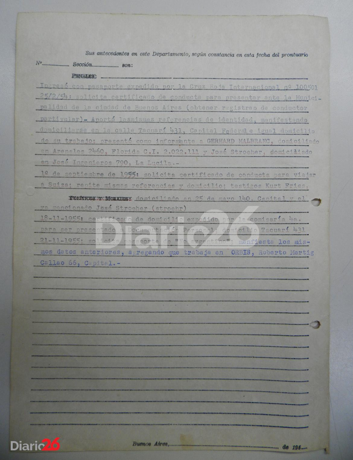 Planilla prontuarial de Helmut Gregor por recuperación de identidad como Josef Mengele. Año 1956