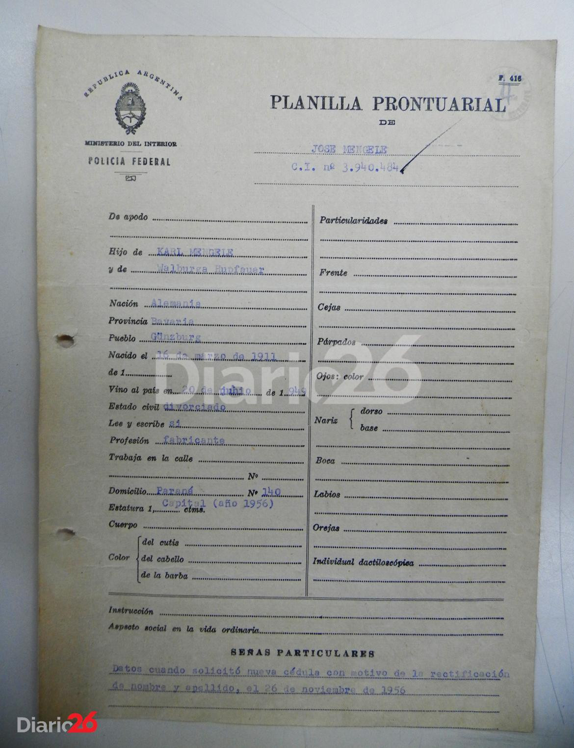 Planilla prontuarial de Josef Mengele con datos de filiación originales tras recuperar su verdadera identidad. Año 1956