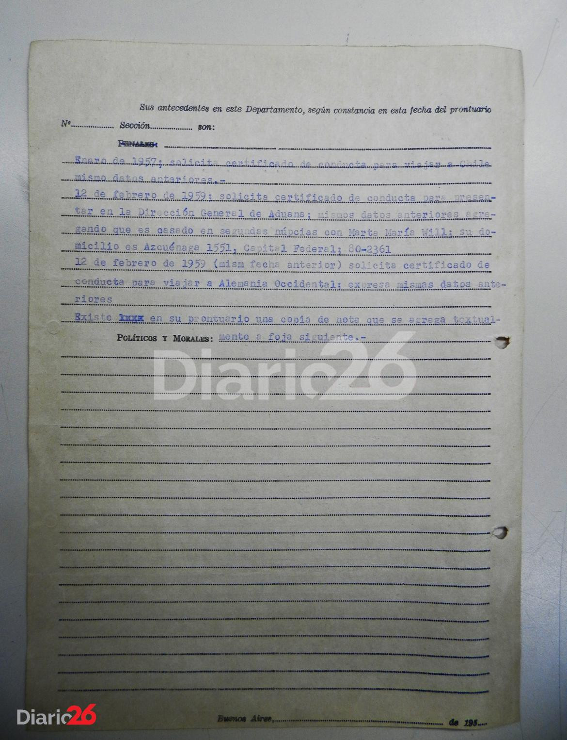 Planilla prontuarial de Josef Mengele con datos de filiación originales tras recuperar su verdadera identidad. Año 1956