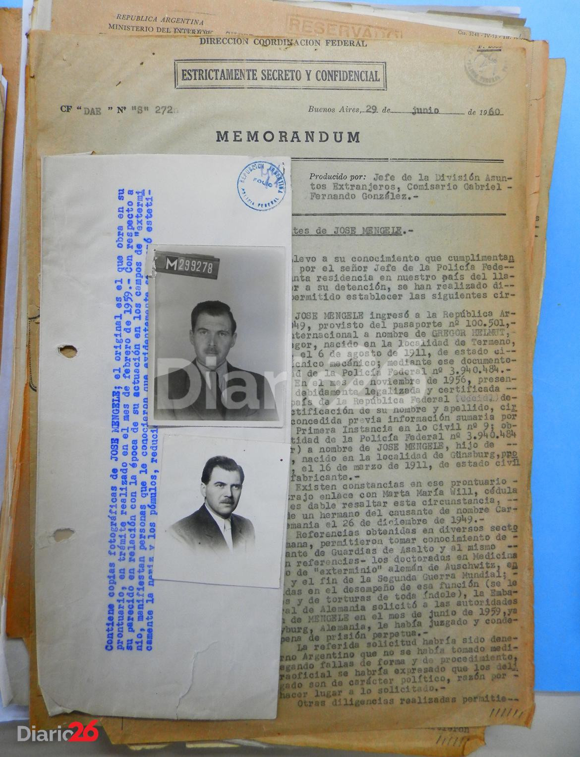 Memorandum confidencial con datos y fotos actualizadas del médico nazi Josef Mengele en Argentina. Año 1960