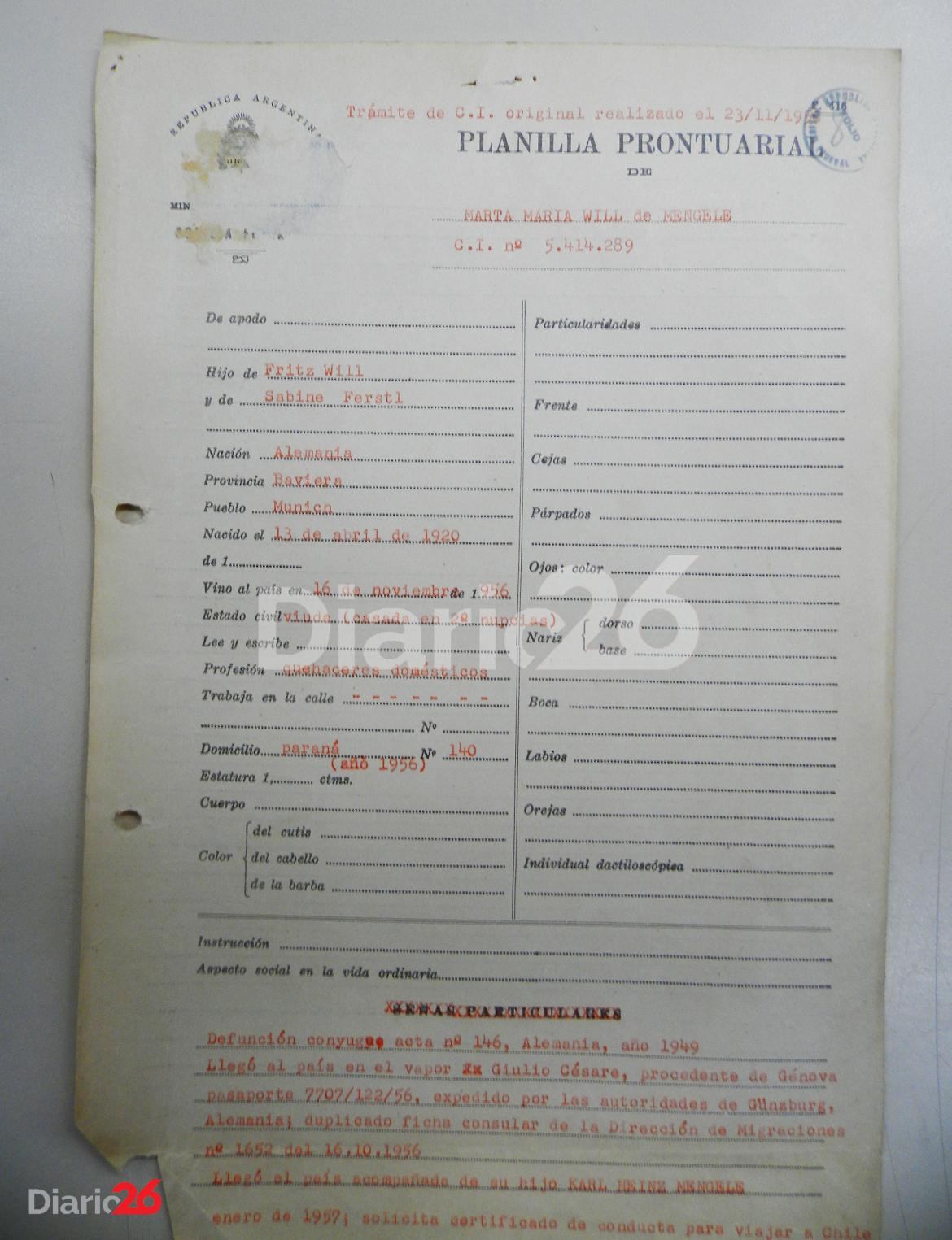 Planilla prontuarial de Marta María Will de Mengele, esposa del médico nazi. Año 1956