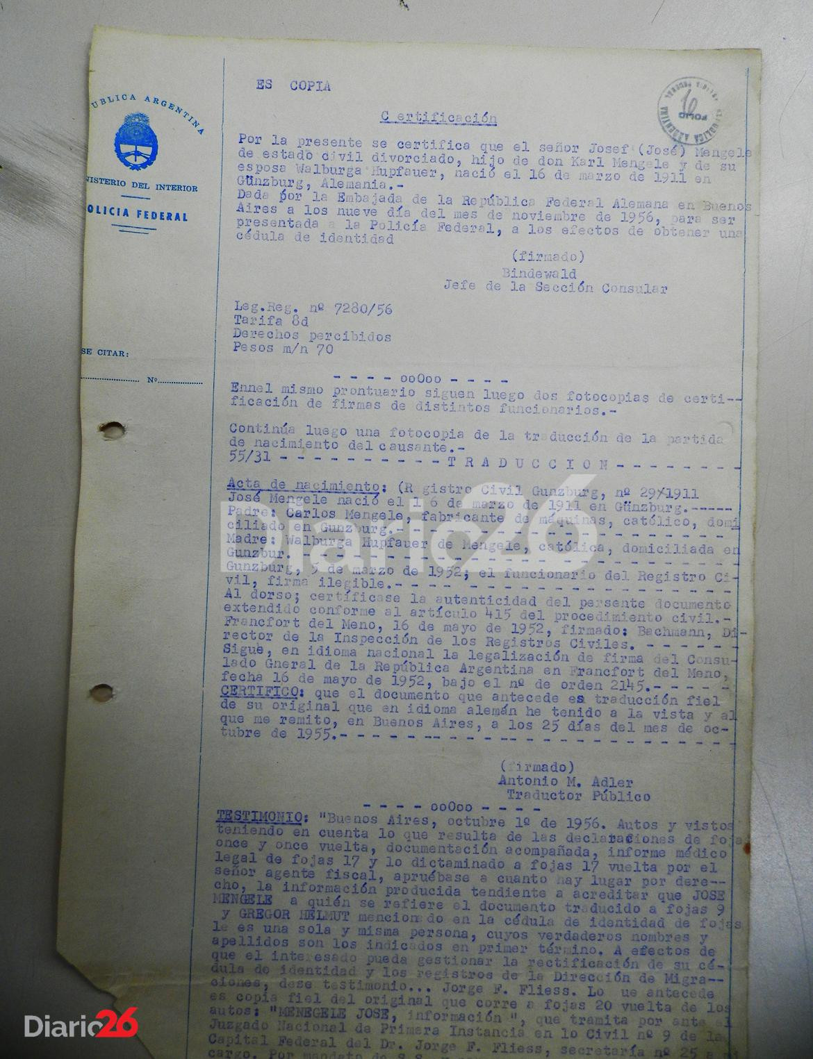 Certificación del pedido de recuperación de verdadera identidad de Josef Mengele en Argentina. Año 1956