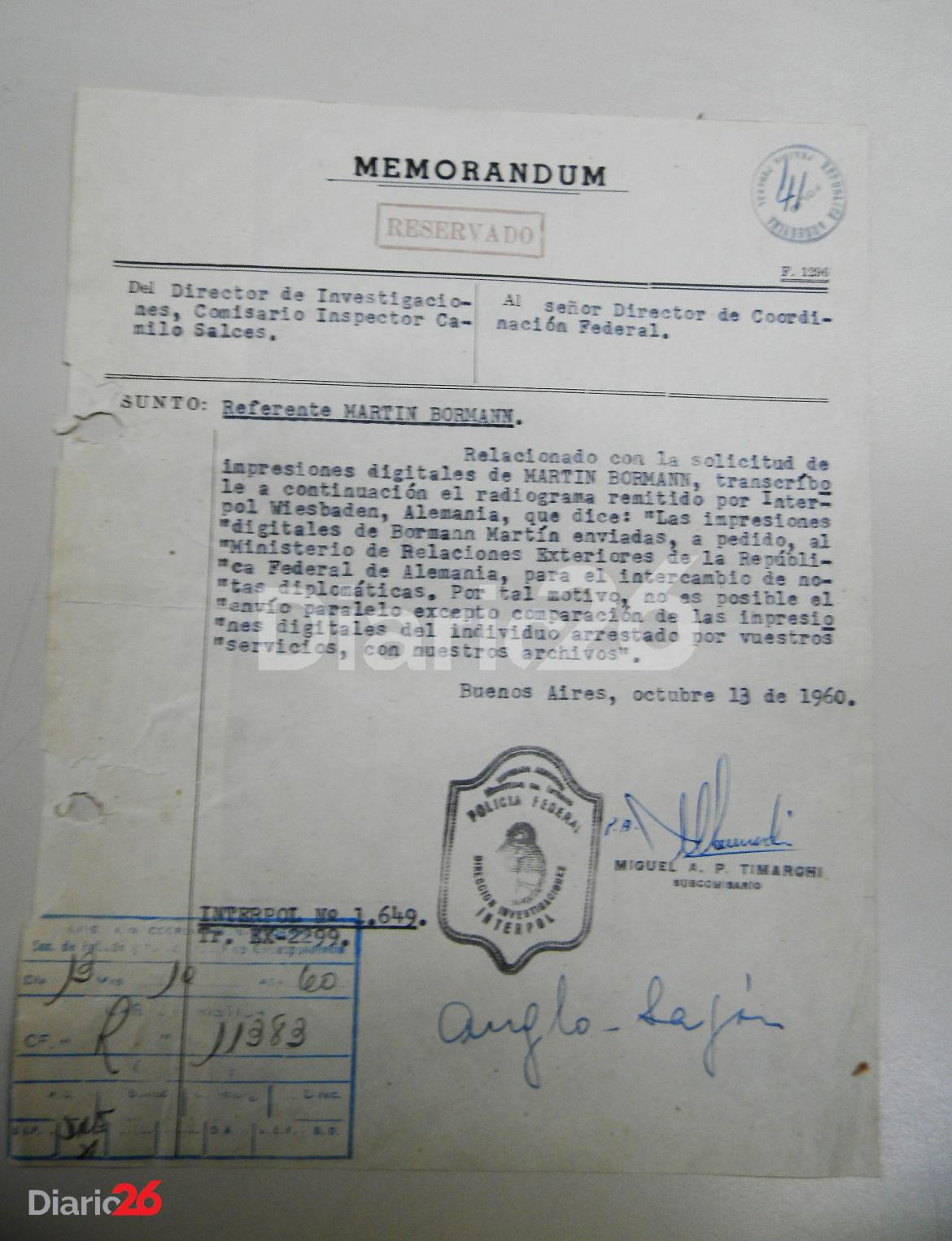 Nota del director de Investigaciones de la Policía Federal Argentina por las huellas dactilares de Martin Bormann