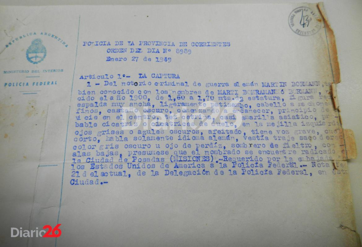 Nota de la Policía de Corrientes por ubicación del nazi Martin Bormann. 27 de enero de 1949