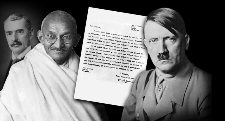 Neville Chamberlain, Mahatma Gandhi y Adolf Hitler
