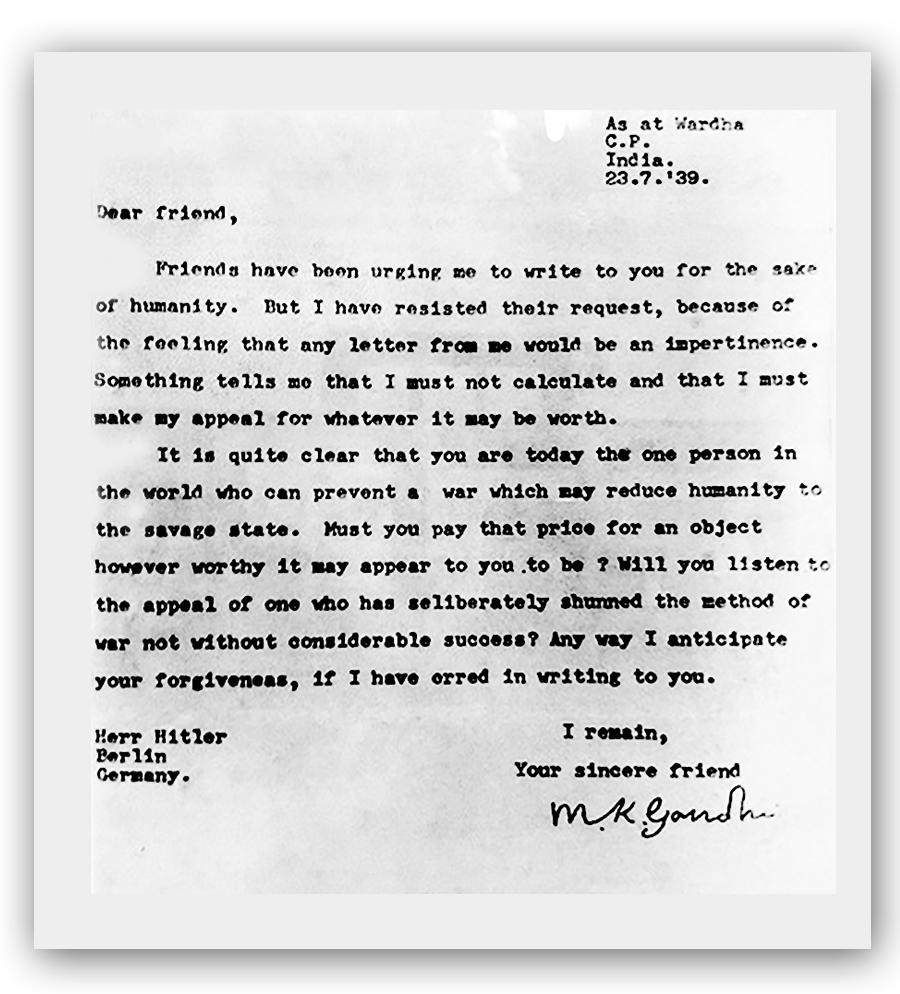 Neville Chamberlain, Mahatma Gandhi y Adolf Hitler, carta