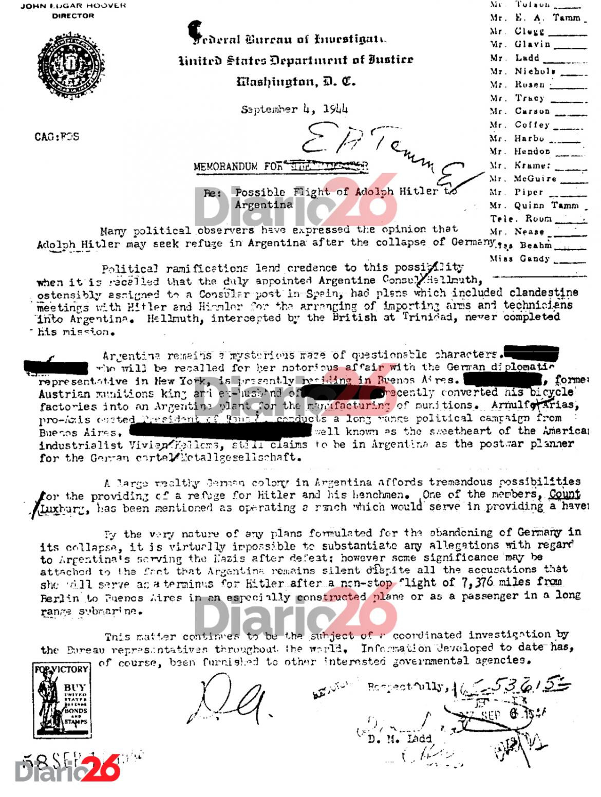 Documento del FBI, 4 septiembre de 1944, Adolf Hitler en Argentina, Diario 26