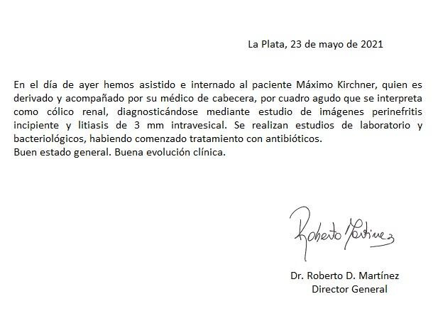 Parte médico Máximo Kirchner