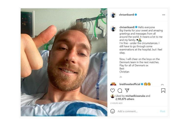 Eriksen desde el hosital, posteo de Instagram