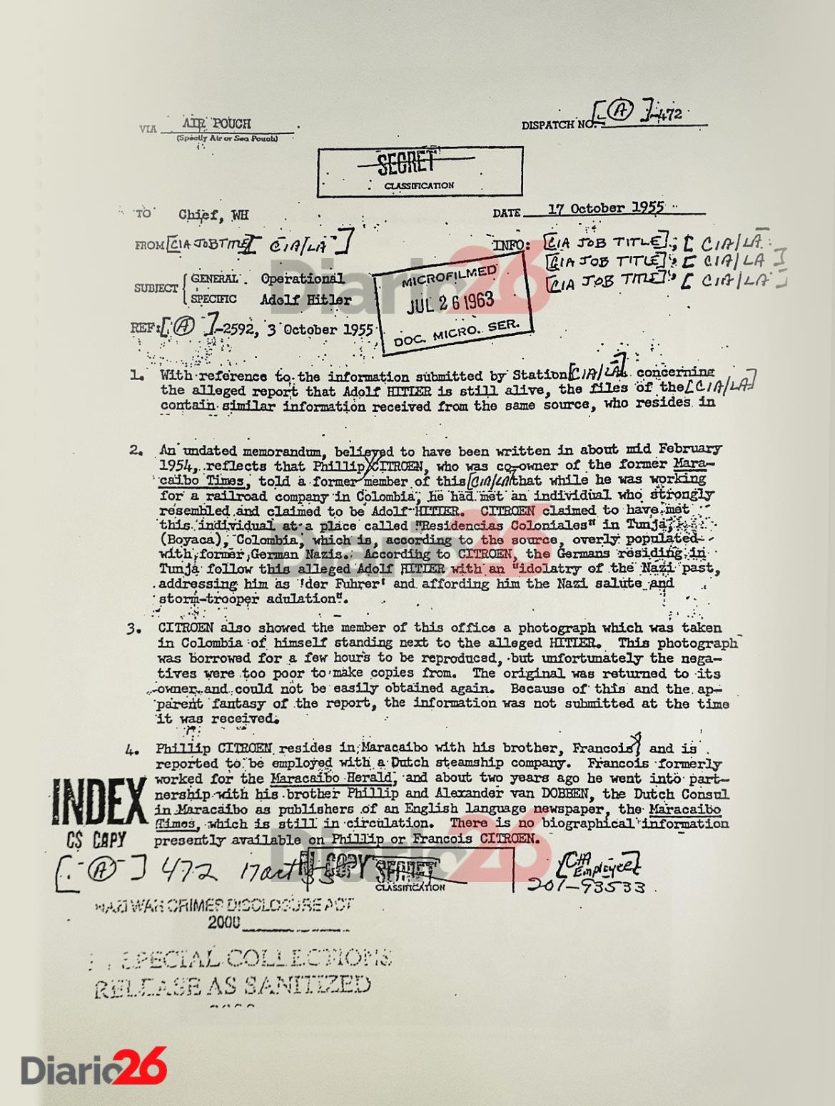 Adolf Hitler en Colombia en 1954, documento desclasificado del FBI, nazis