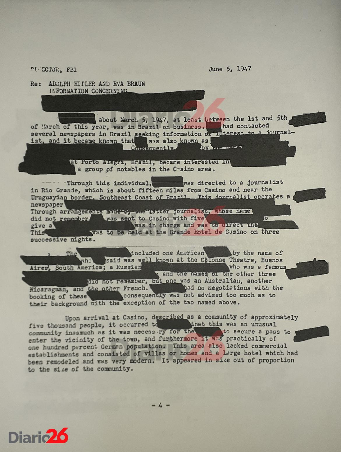 Adolf Hitler en Brasil, Hotel Atlántico, Cassino, documento desclasificado del FBI de 1947 - 04