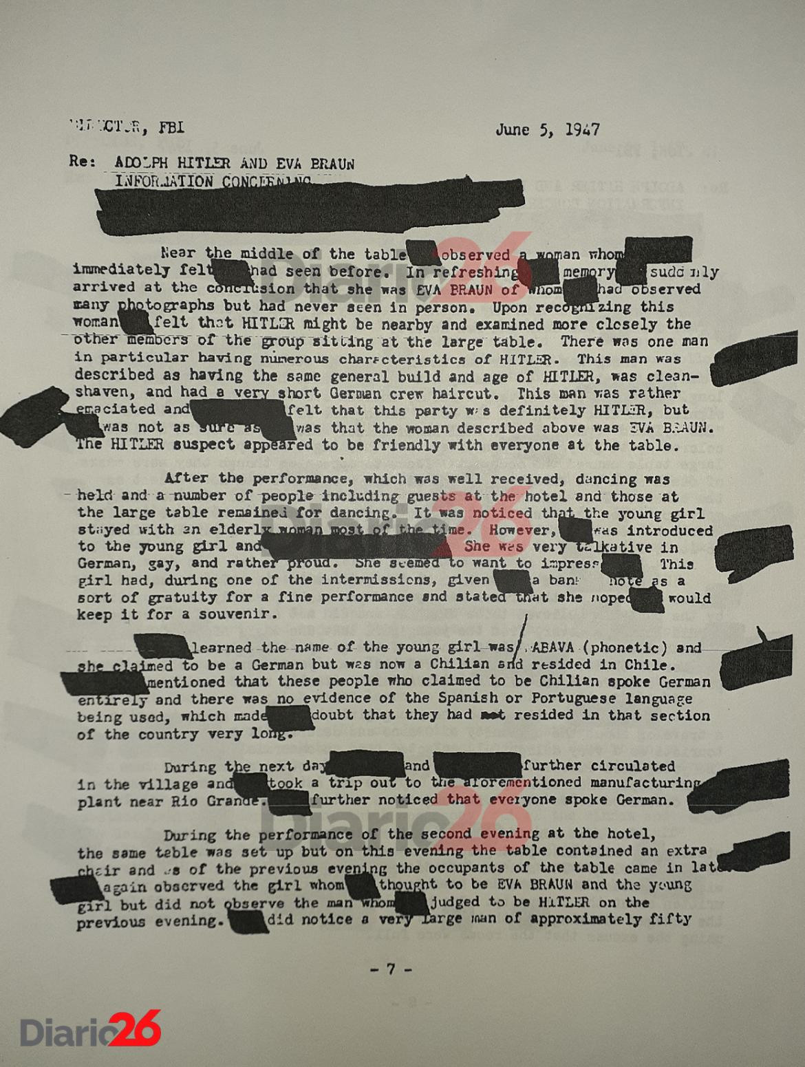 Adolf Hitler en Brasil, Hotel Atlántico, Cassino, documento desclasificado del FBI de 1947 - 07