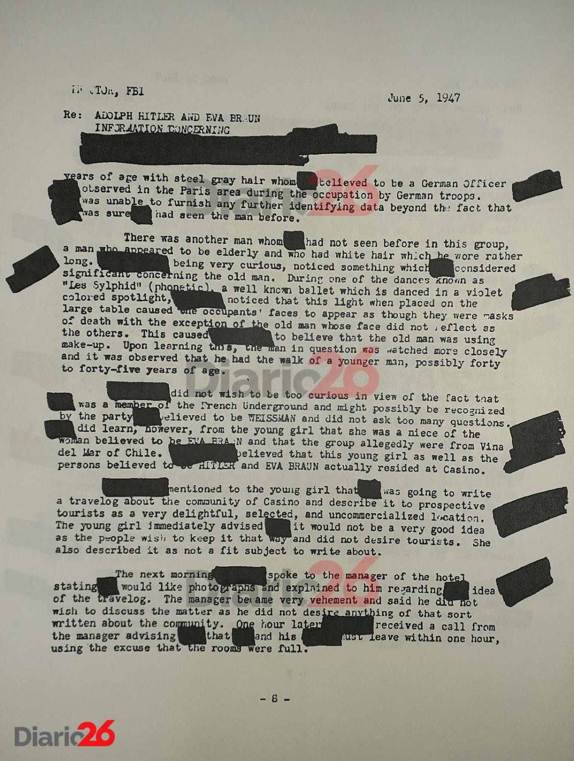 Adolf Hitler en Brasil, Hotel Atlántico, Cassino, documento desclasificado del FBI de 1947 - 08