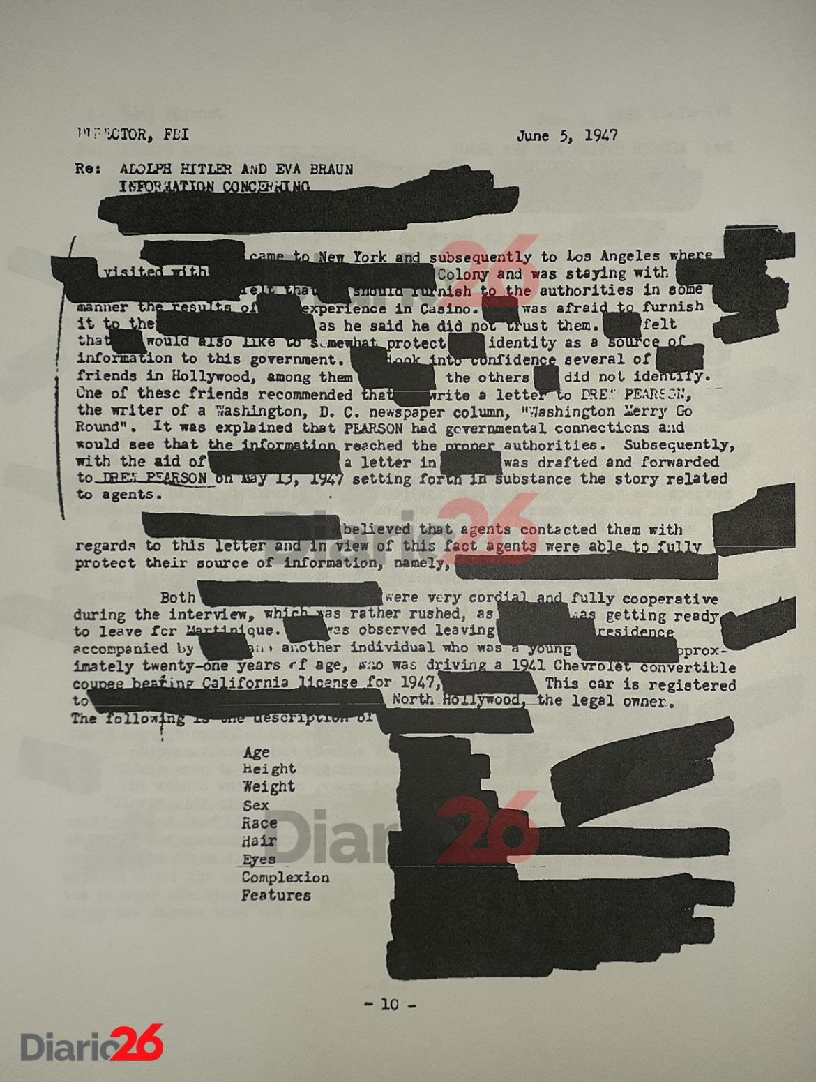 Adolf Hitler en Brasil, Hotel Atlántico, Cassino, documento desclasificado del FBI de 1947 - 10