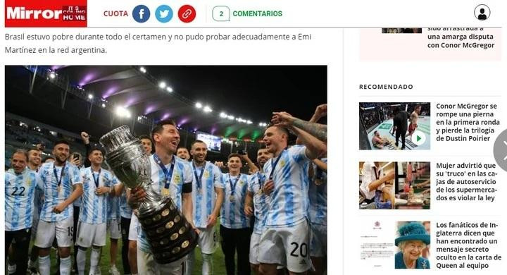 Argentina campeón de Copa América 2021, Mirror, Reino Unido