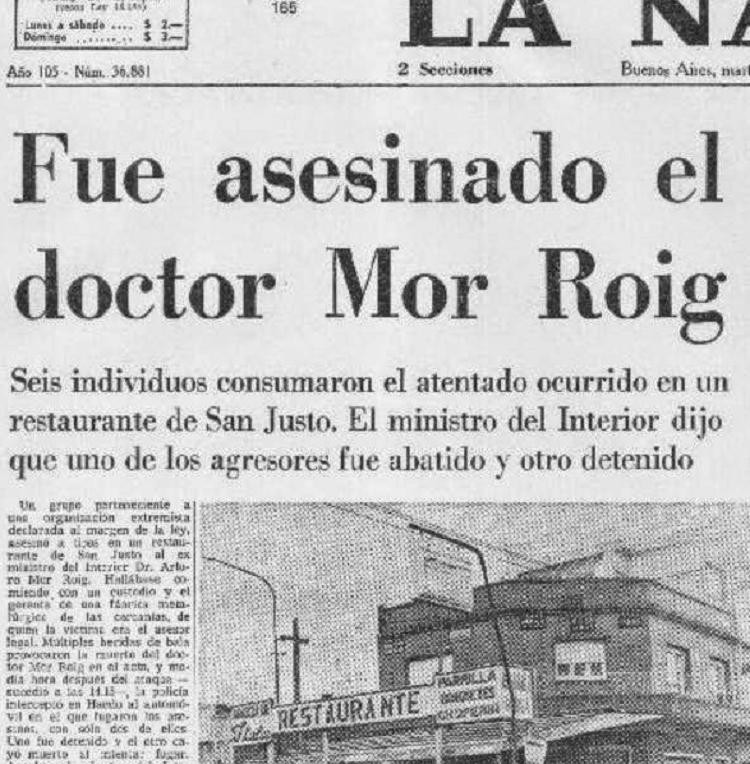 Tapa La Nación sobre el asesinato de Arturo Mor Roig