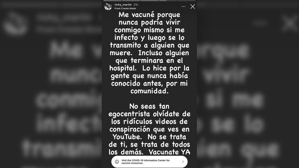 Mensaje de Ricky Martin a favor de la vacunación contra el coronavirus
