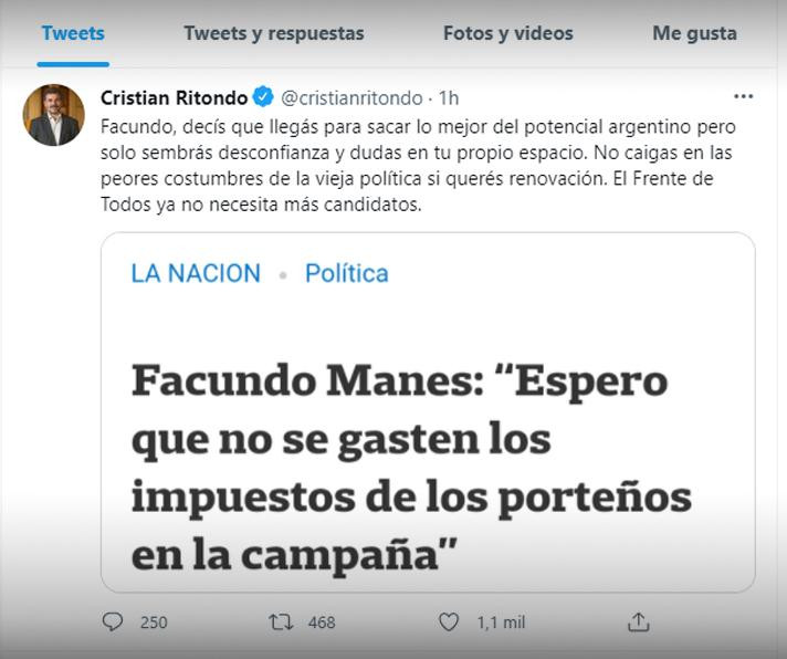 Tuit de Cristian Ritondo a Facundo Manes