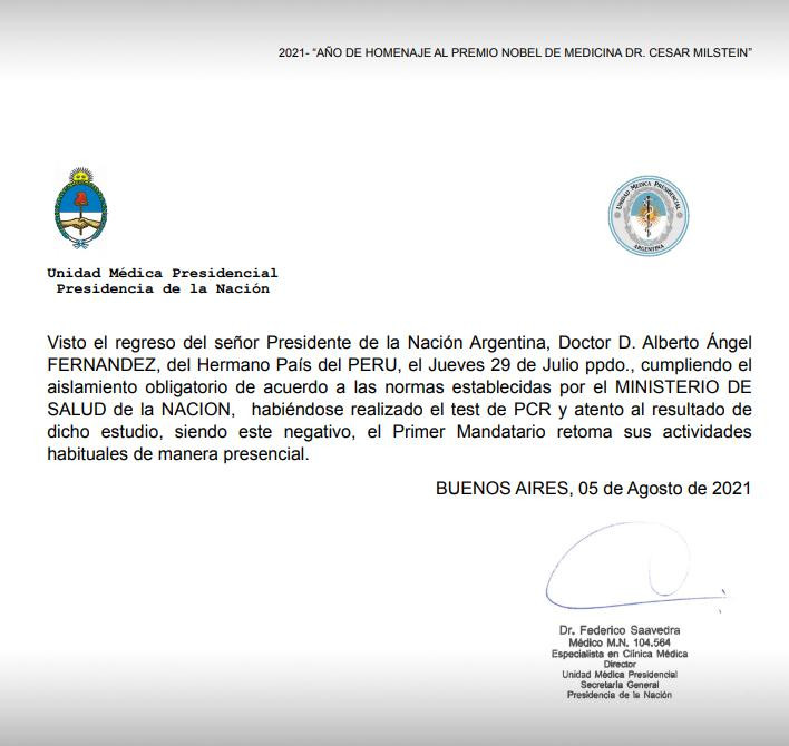 Alberto Fernández, presidente de Argentina, parte médico, NA