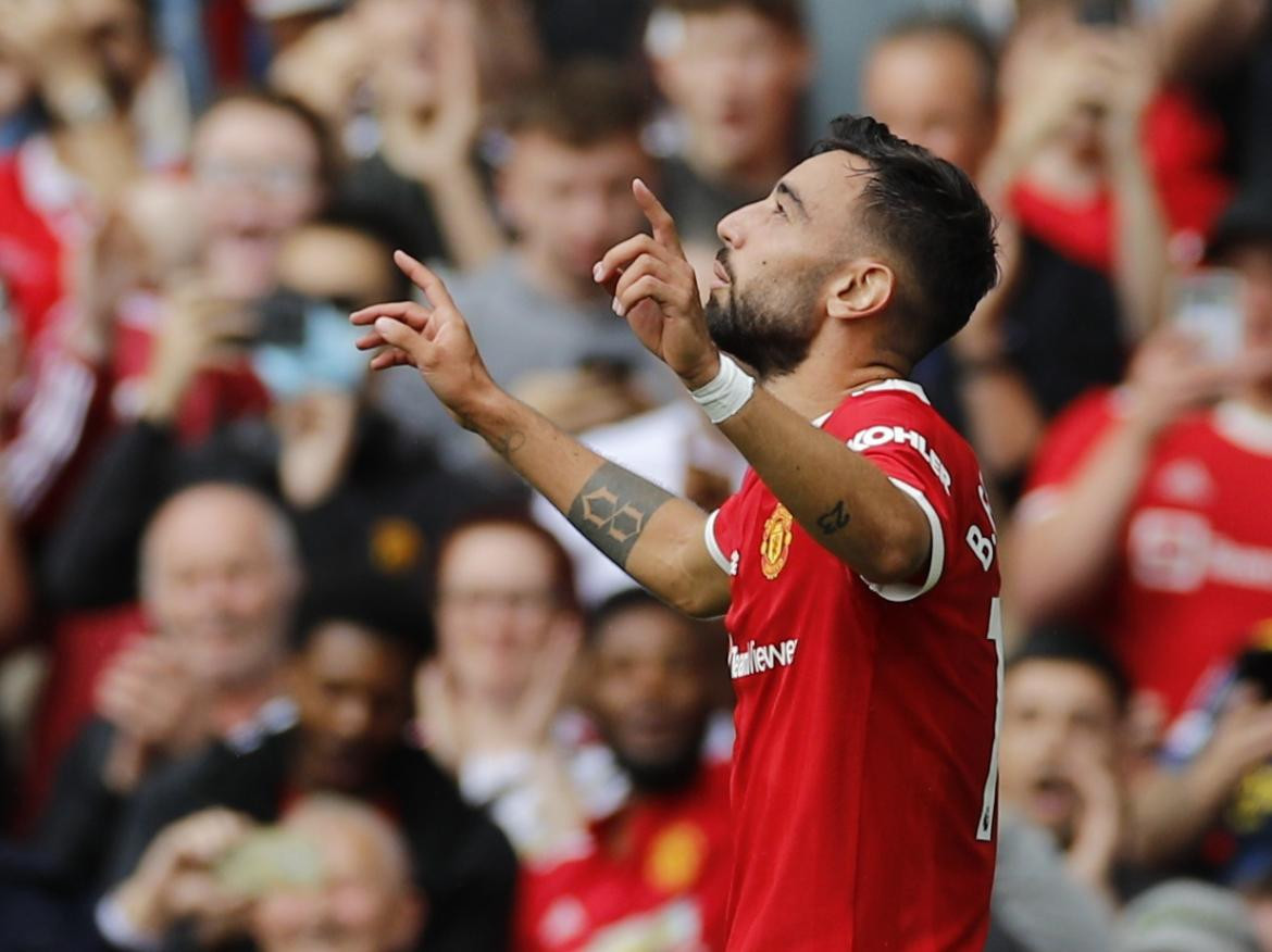 Festejo de Bruno Fernandes para Manchester United ante Leeds, REUTERS