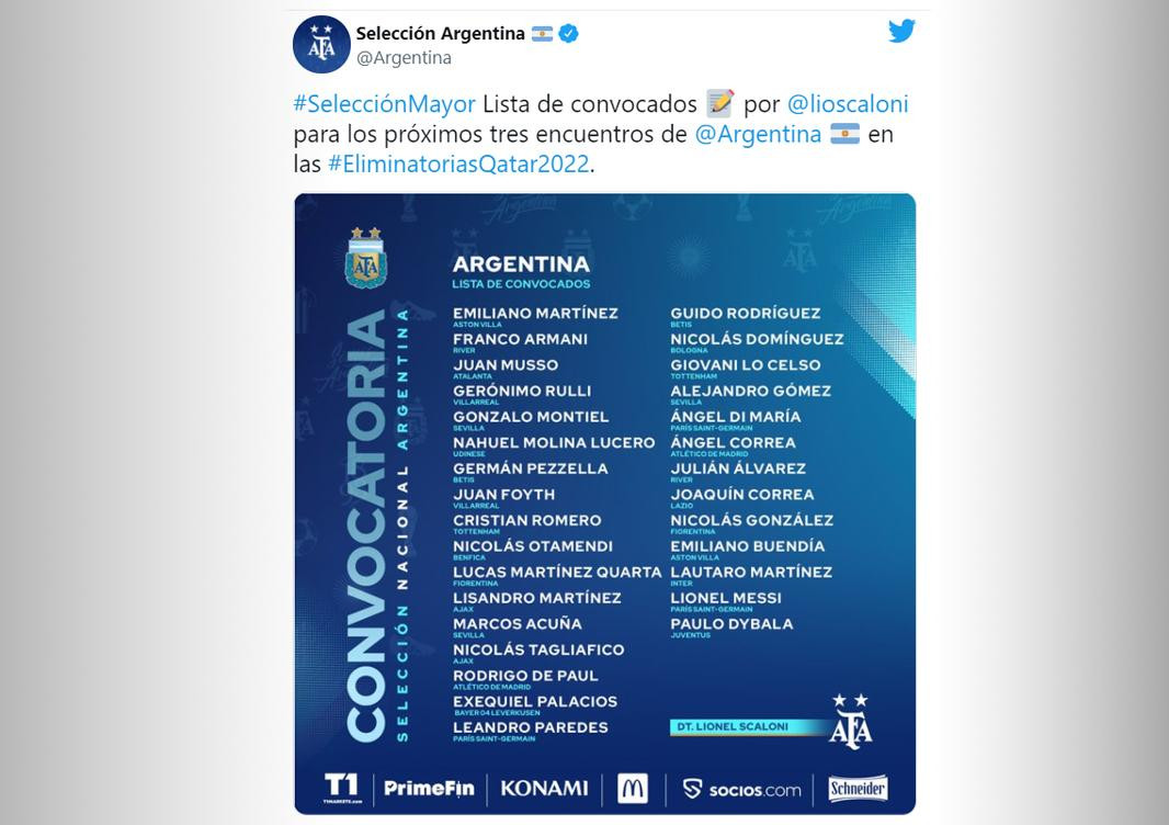 Selección argentina de fútbol, lista de convocados a triple fecha de Eliminatorias