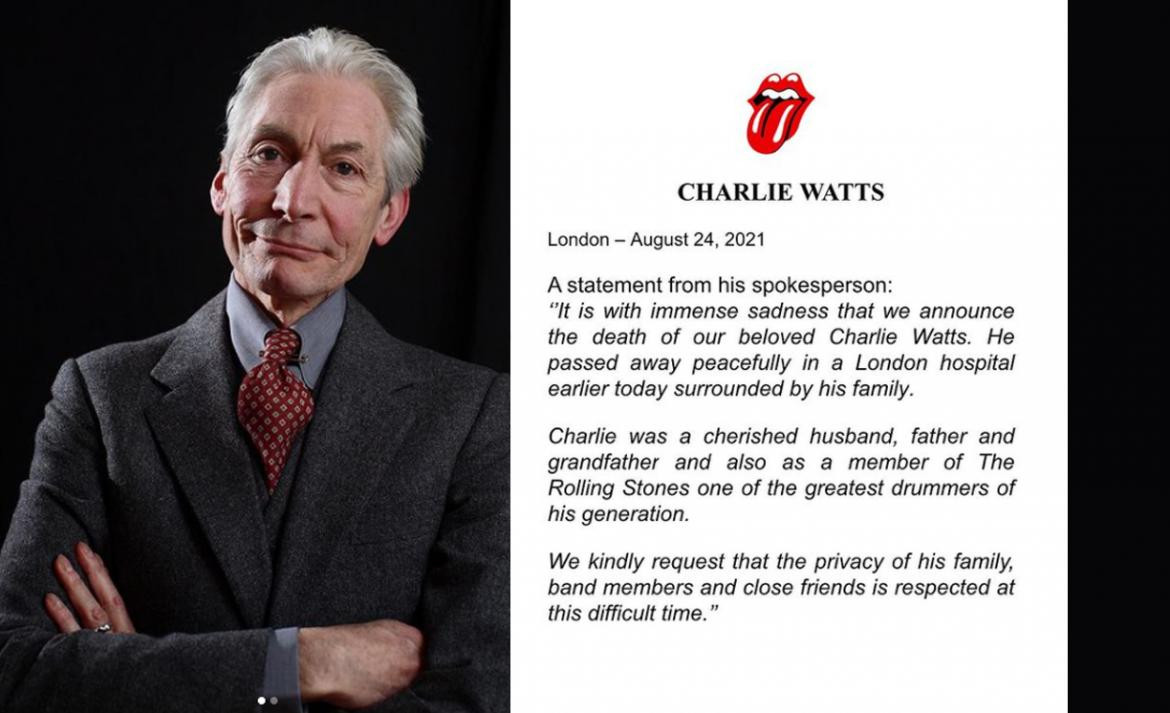 Charlie Watts, baterista de Rolling Stones, despedida en Instagram