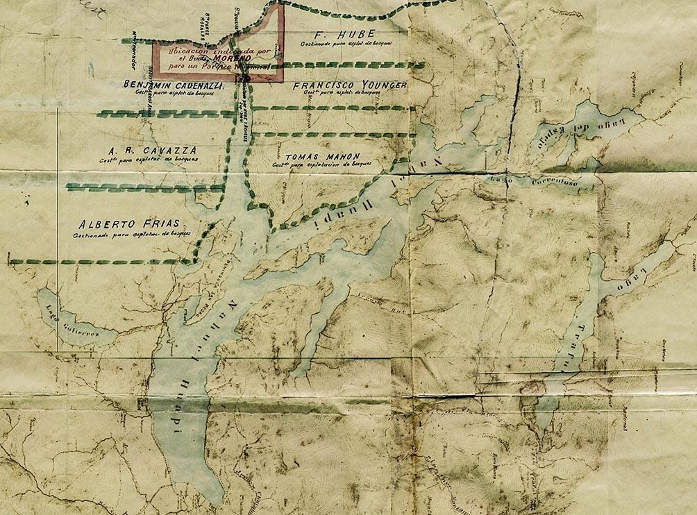 El mapa donde figuran las 7.500 hectáreas (en rojo) que legó el perito para la creación del primer Parque Nacional