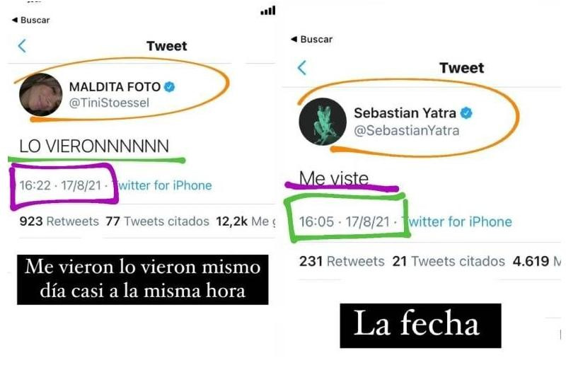 Mensajes entre Sebastián Yatra y Tini Stoessel