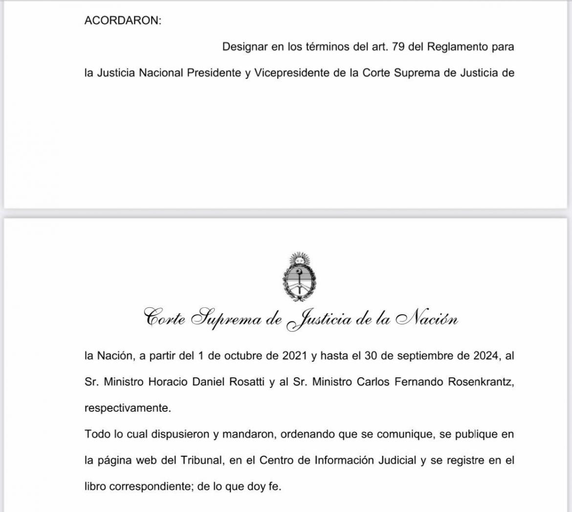 Resolución de Corte Suprema de Horacio Rosatti como nuevo presidente