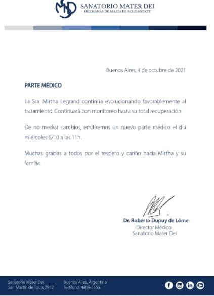 Parte médico de Mirtha Legrand. NA