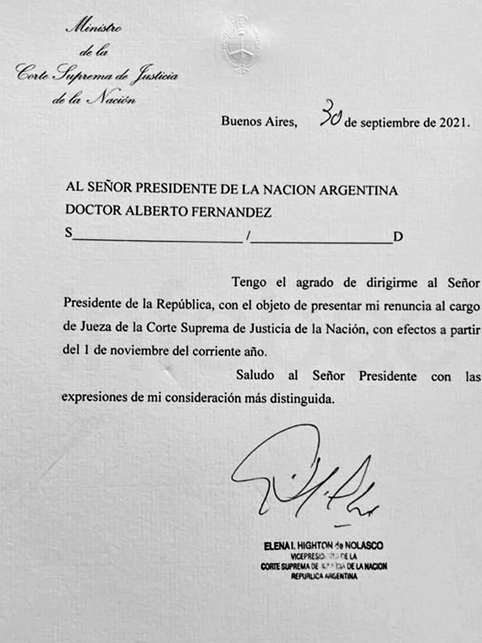 Carta de renuncia de Elena Highton de Nolasco