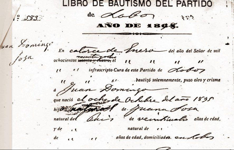 Acta de bautismo de Perón en Lobos