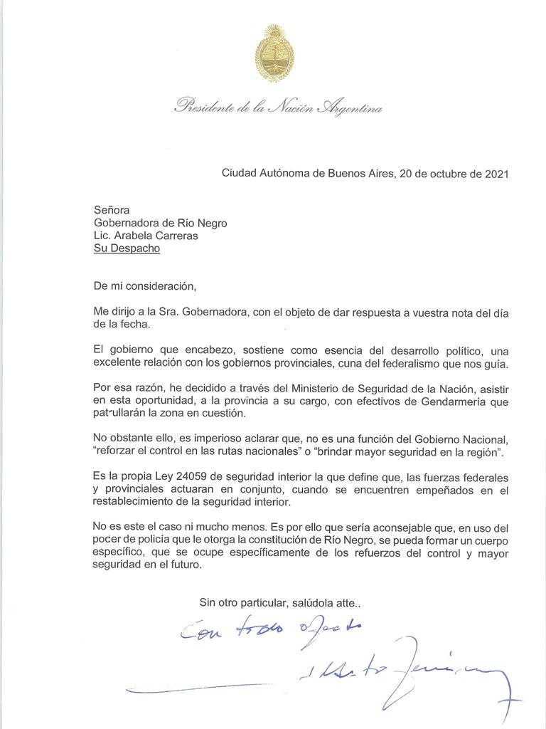 Carta de Alberto Fernández por conflicto mapuche