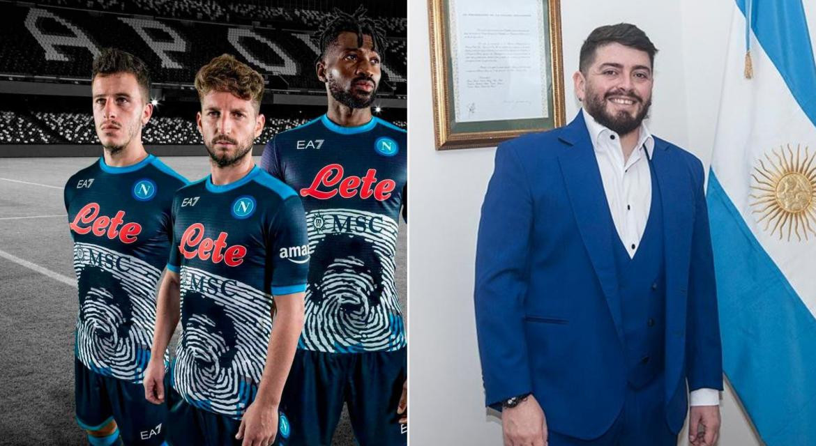 Camiseta del Napoli en homenaje a Maradona y Diego Maradona Jr